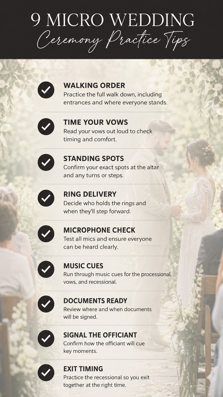 Checklist of micro wedding ceremony rehearsal steps including vows timing and exit cues