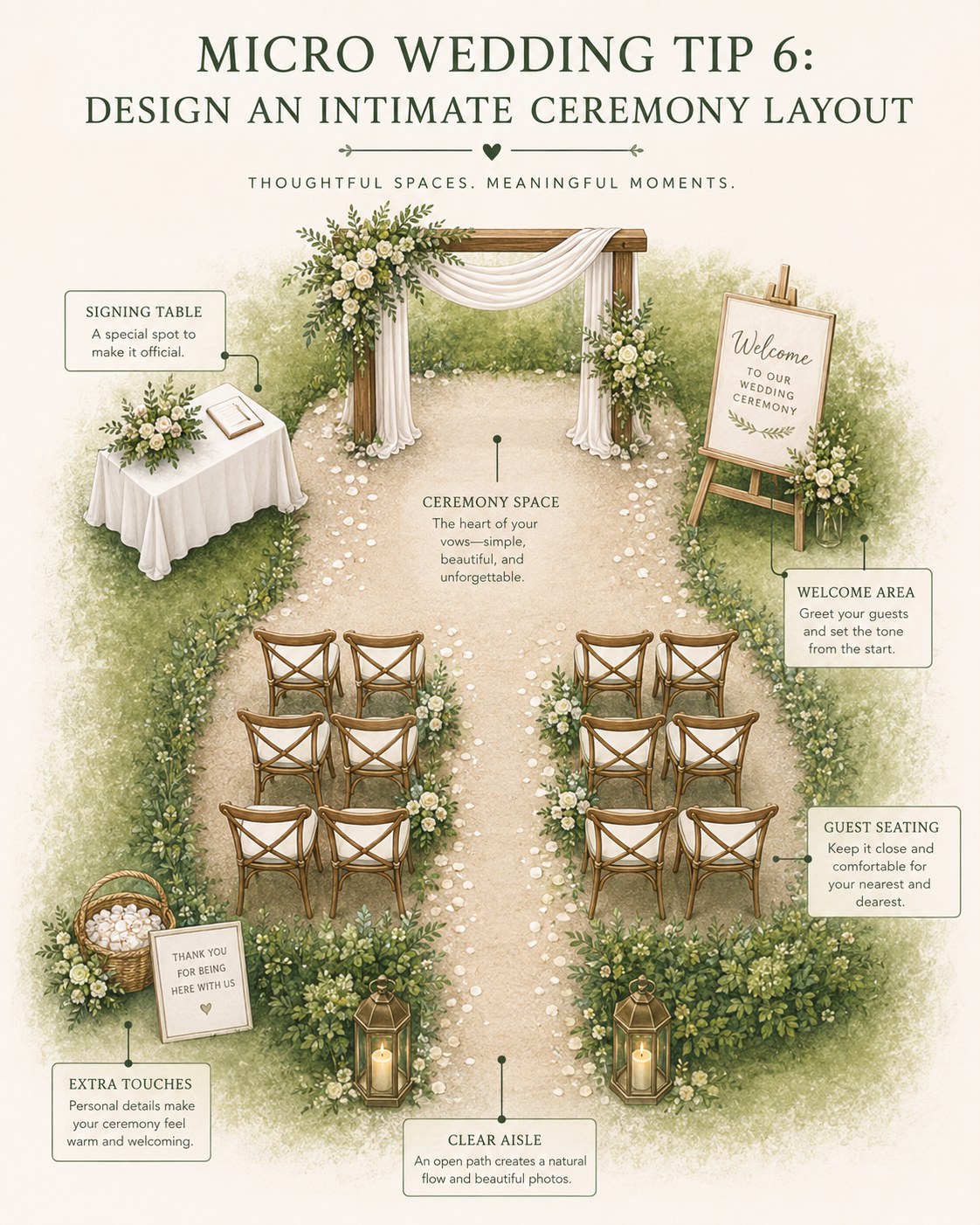 Diagram of an intimate micro wedding ceremony layout with close seating and a floral arch