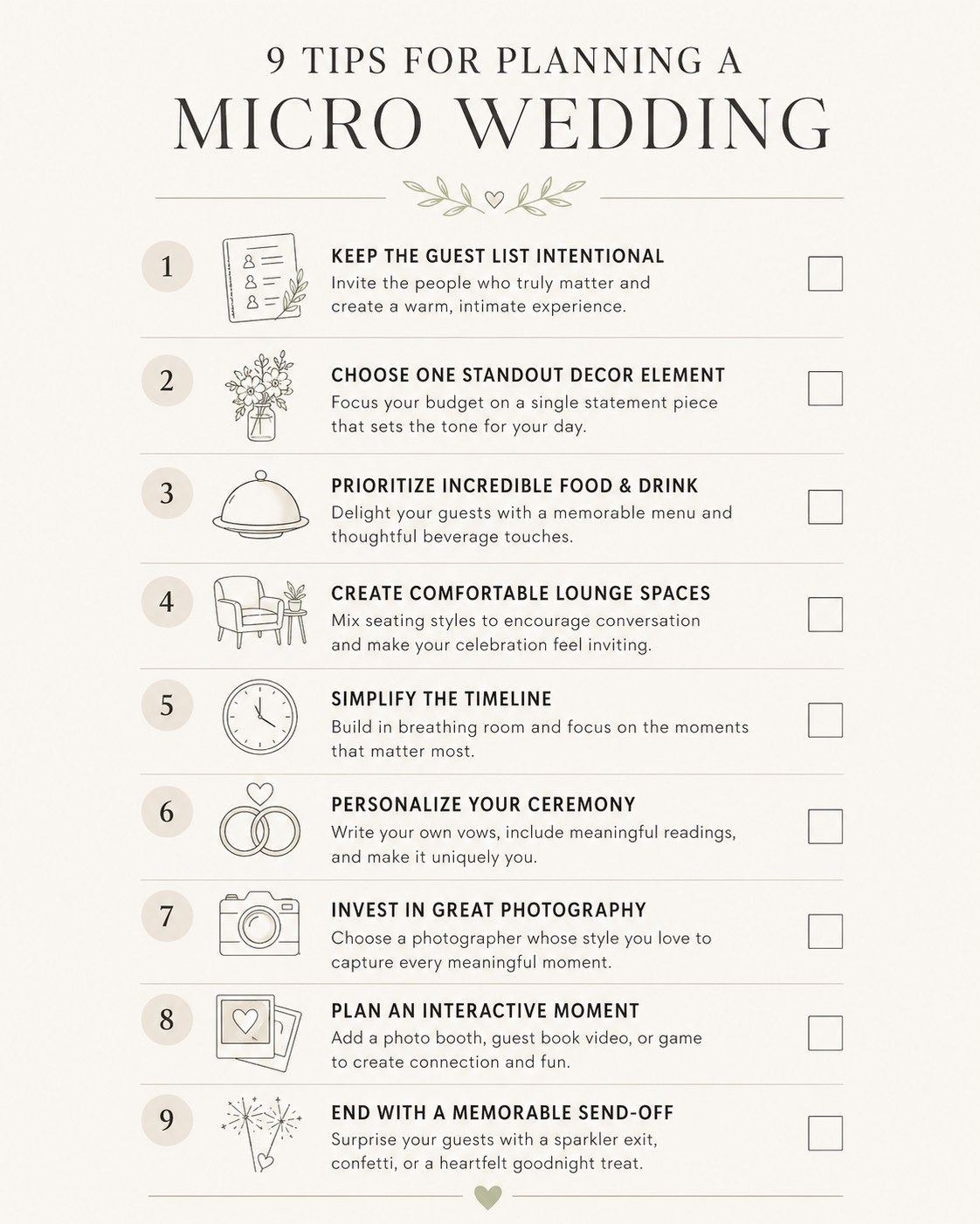 Full infographic outlining nine micro wedding planning tips from guest list to send-off