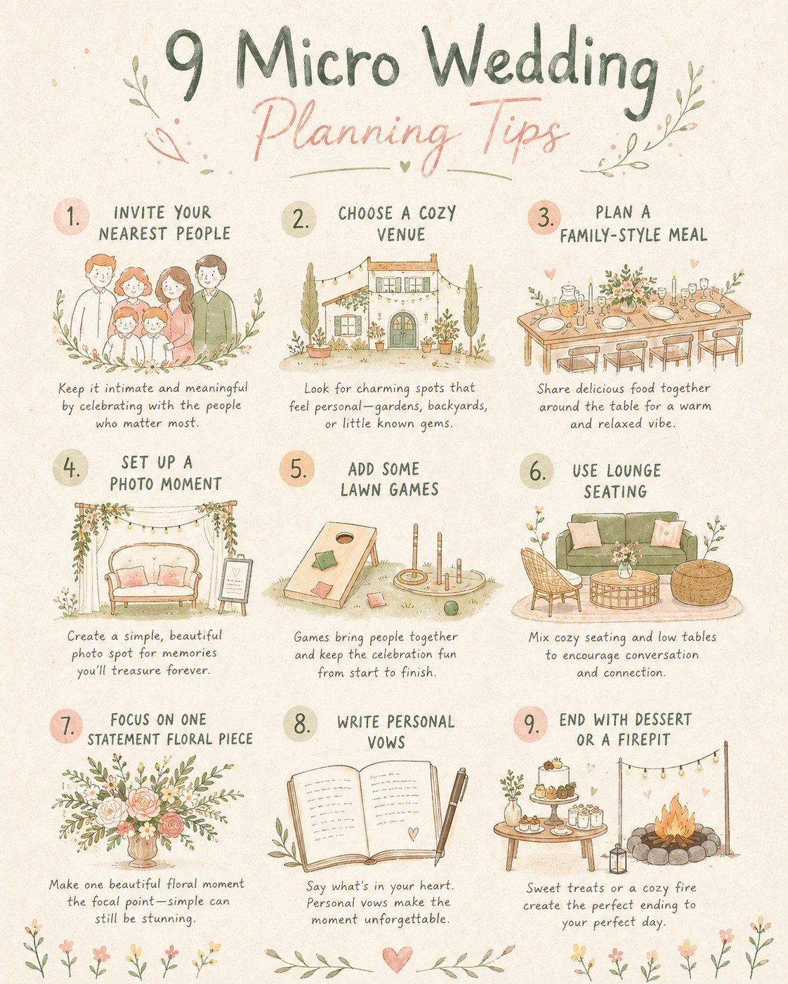 Illustrated guide showing nine micro wedding planning tips including family-style meals and lounge seating