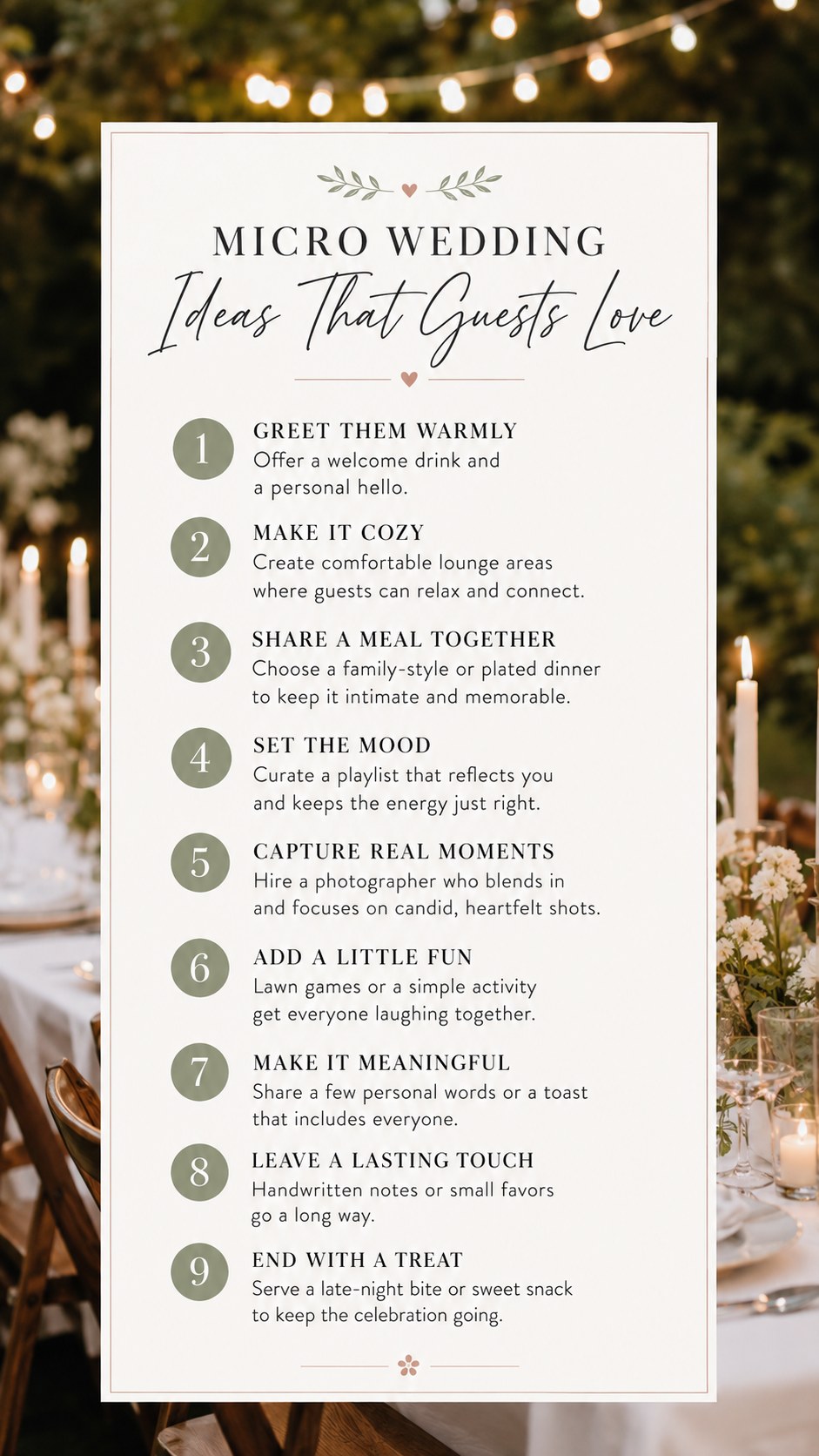 List of micro wedding ideas guests love, from welcome drinks to a late-night treat