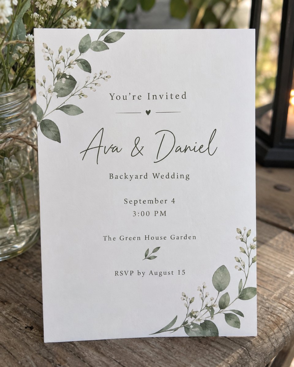 Minimal greenery wedding invitation