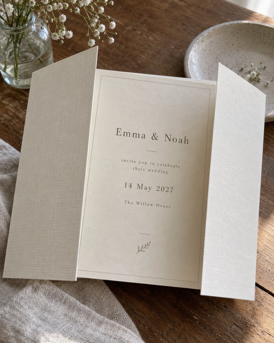 Minimal linen gatefold wedding invitation