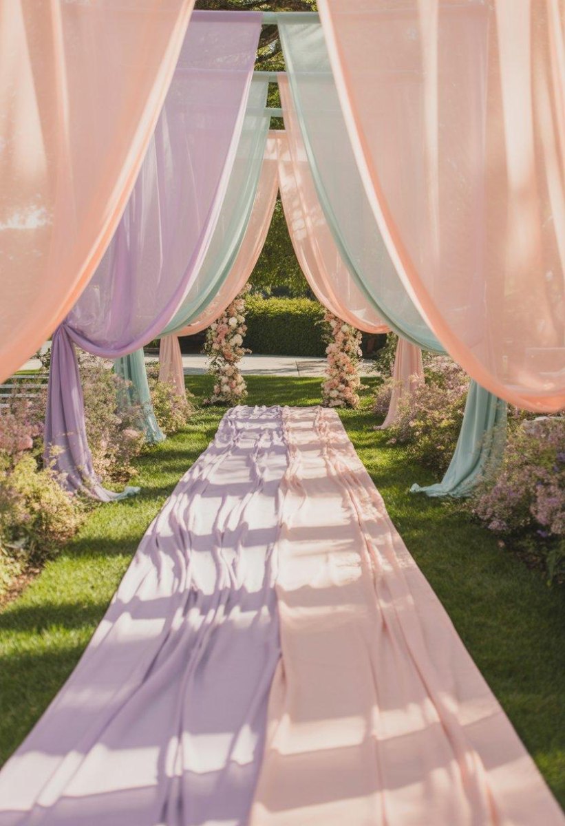 Pastel fabric draped wedding aisle