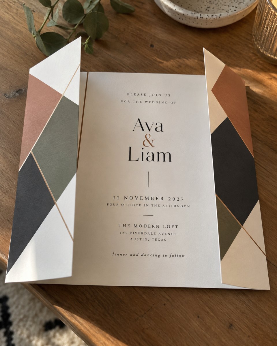 Modern geometric gatefold wedding invitation