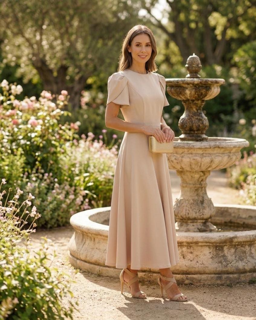 Neutral spring wedding guest dress