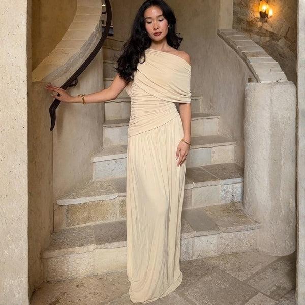 Neutral maxi dress old money wedding guest look