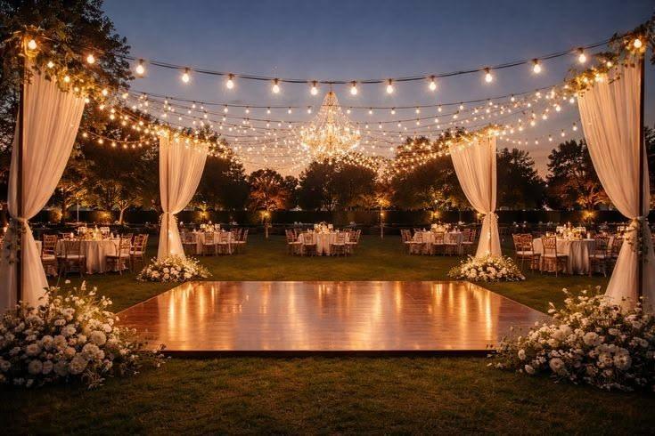 Outdoor garden reception dance floor lights