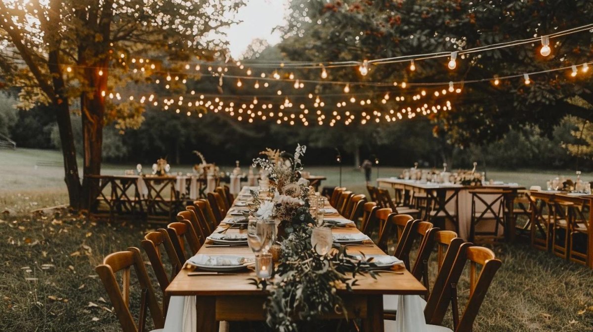Outdoor rustic wedding string lights at night