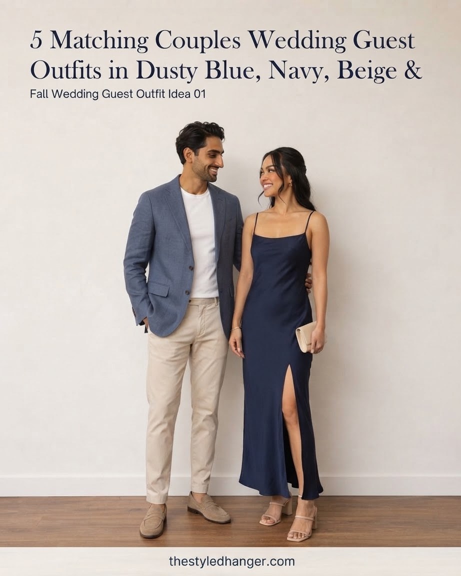 5 Matching Couples Wedding Guest Outfits in Dusty Blue, Navy, Beige & Fall Tones