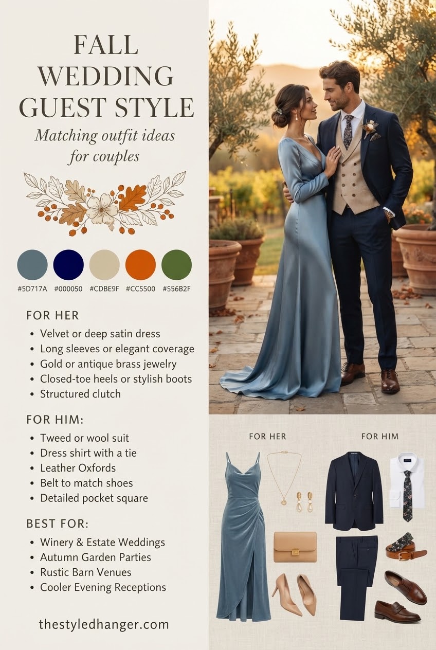 5 Matching Fall Wedding Outfits In Dusty Blue, Navy, & Beige