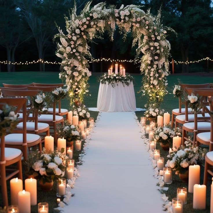 Candlelit pastel wedding aisle evening