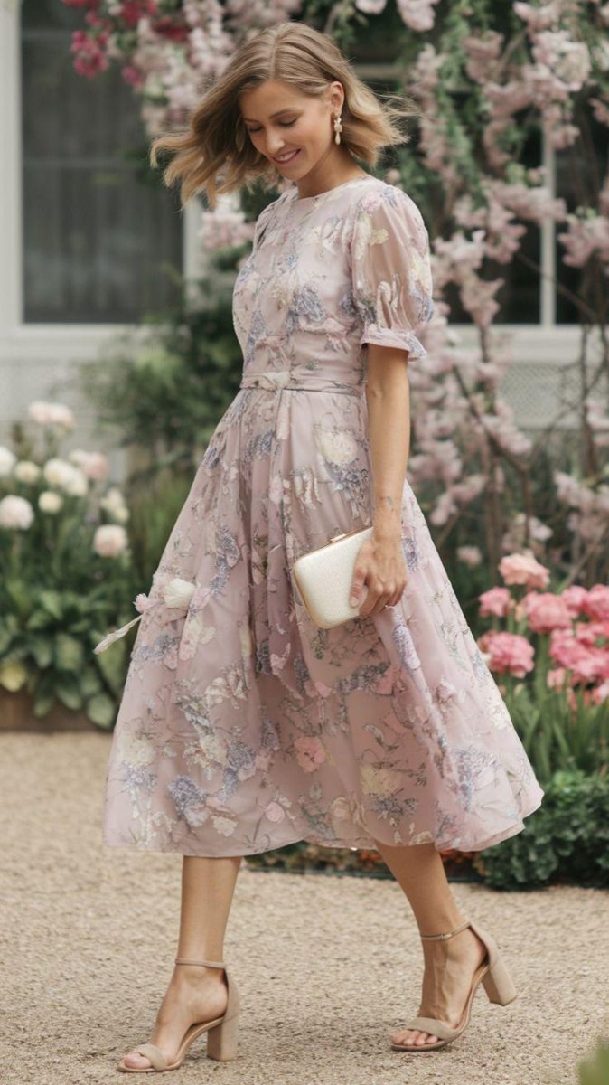 Pastel midi wedding guest dress