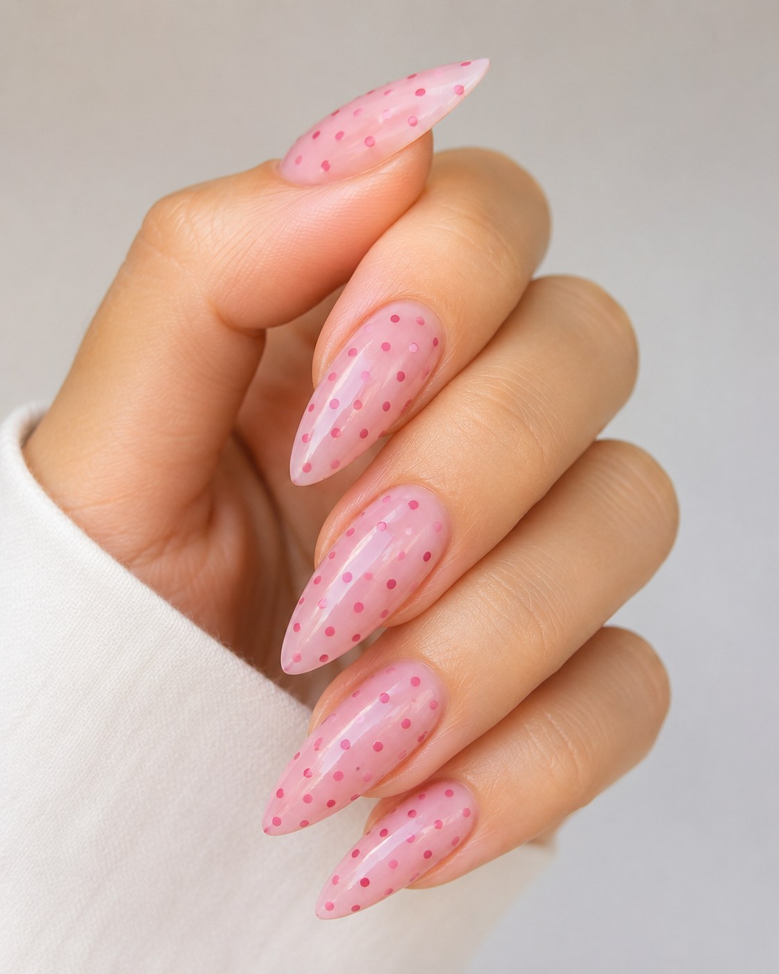 Long stiletto pastel nails spring manicure covered in tiny pink polka dot patterns