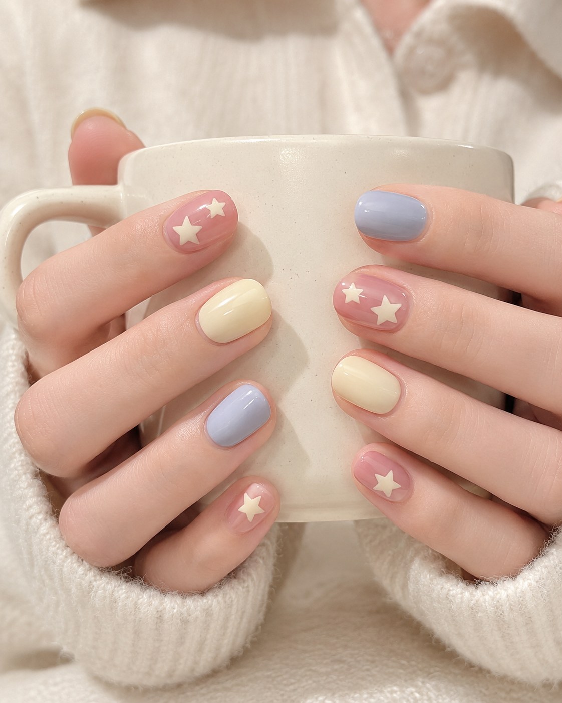 Short oval pastel nails spring manicure in mauve, powder blue, and cream with star details