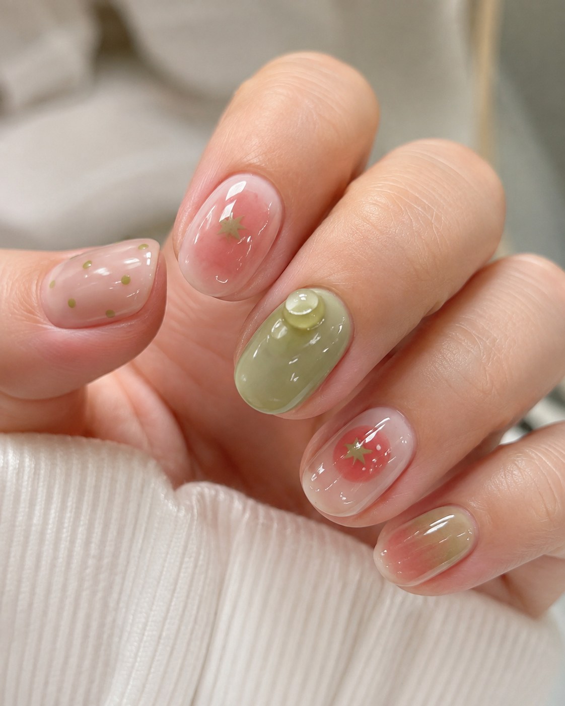 Sheer sage pastel nails spring design with gold star flecks and one strawberry accent nail