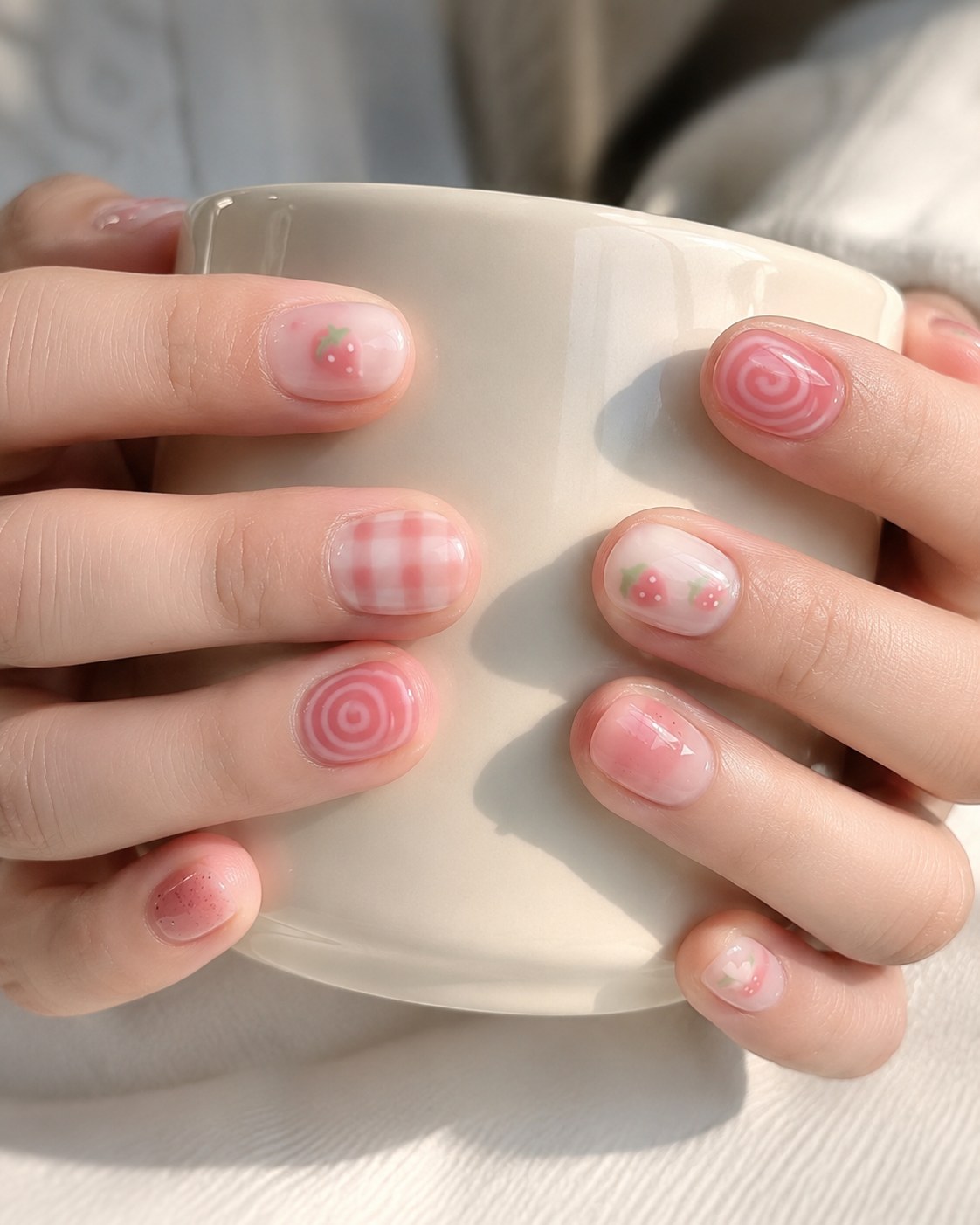 Short round pastel nails spring manicure with pink gingham and strawberry spiral designs