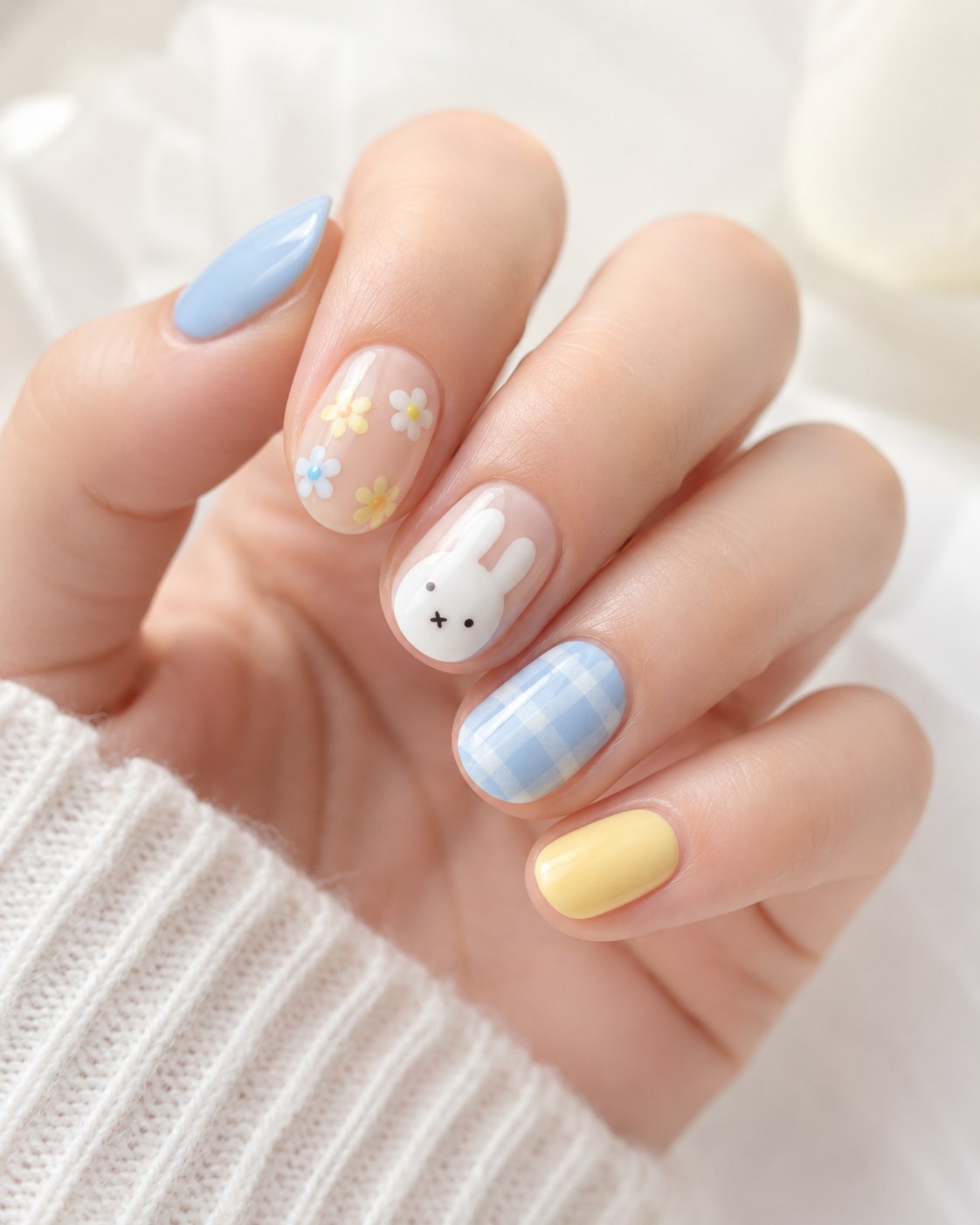 Almond pastel nails spring look with baby blue, yellow, bunny, and daisy gingham accents