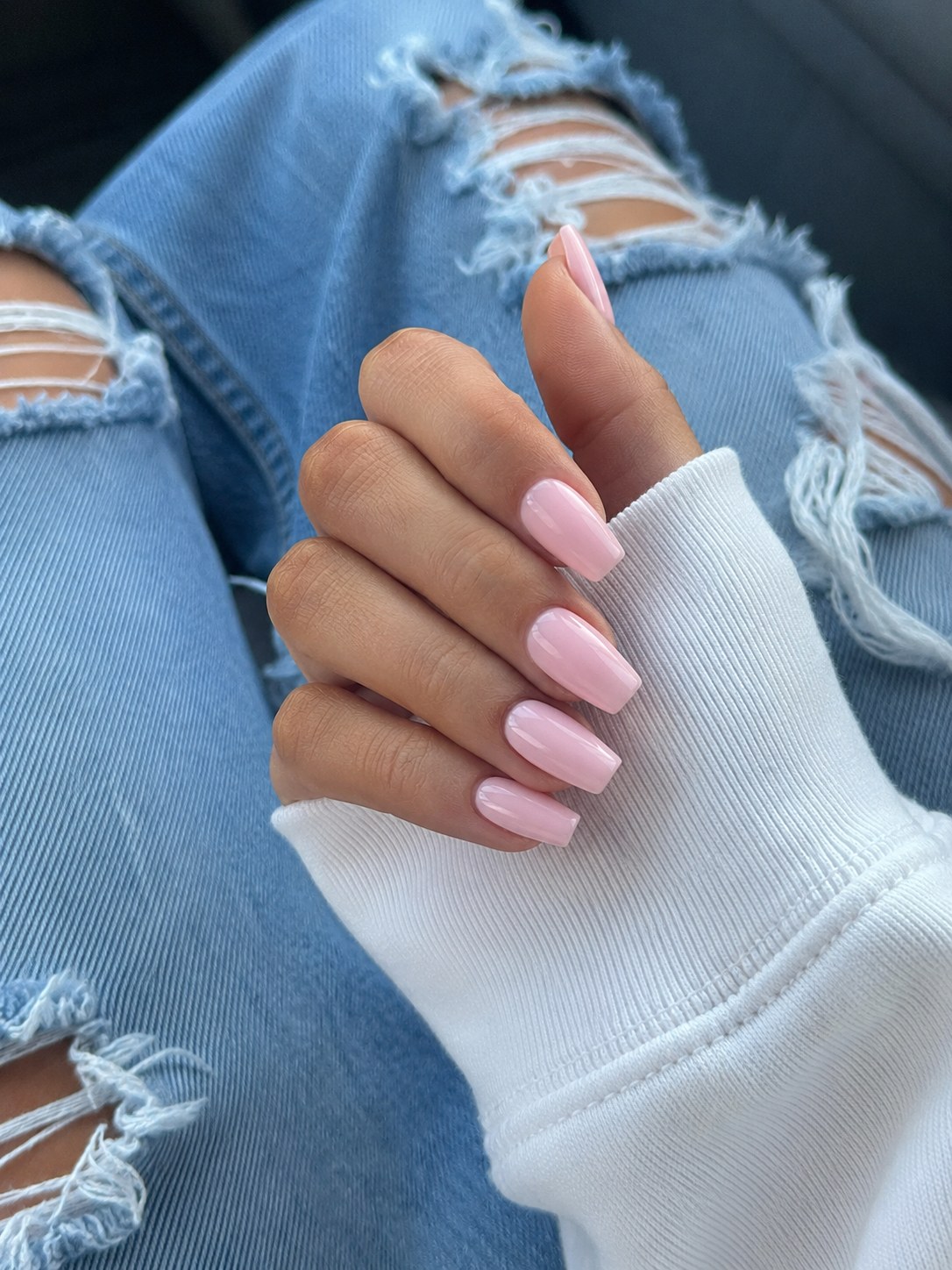 Short square nails in classic solid opaque bubblegum pink polish