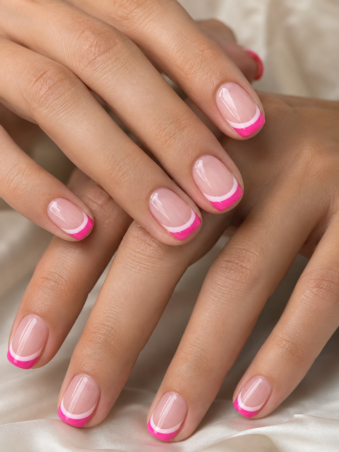Short pink French tips outlined in white for a bold two-tone manicure look