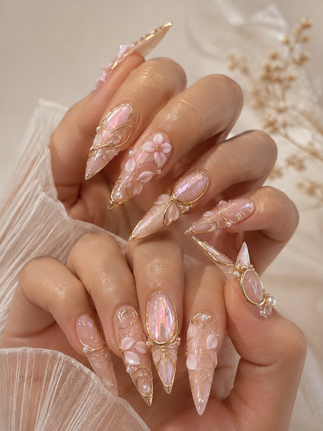 Long pink coffin nails with 3D florals, gold wire wrapping, and pearlescent chrome detail