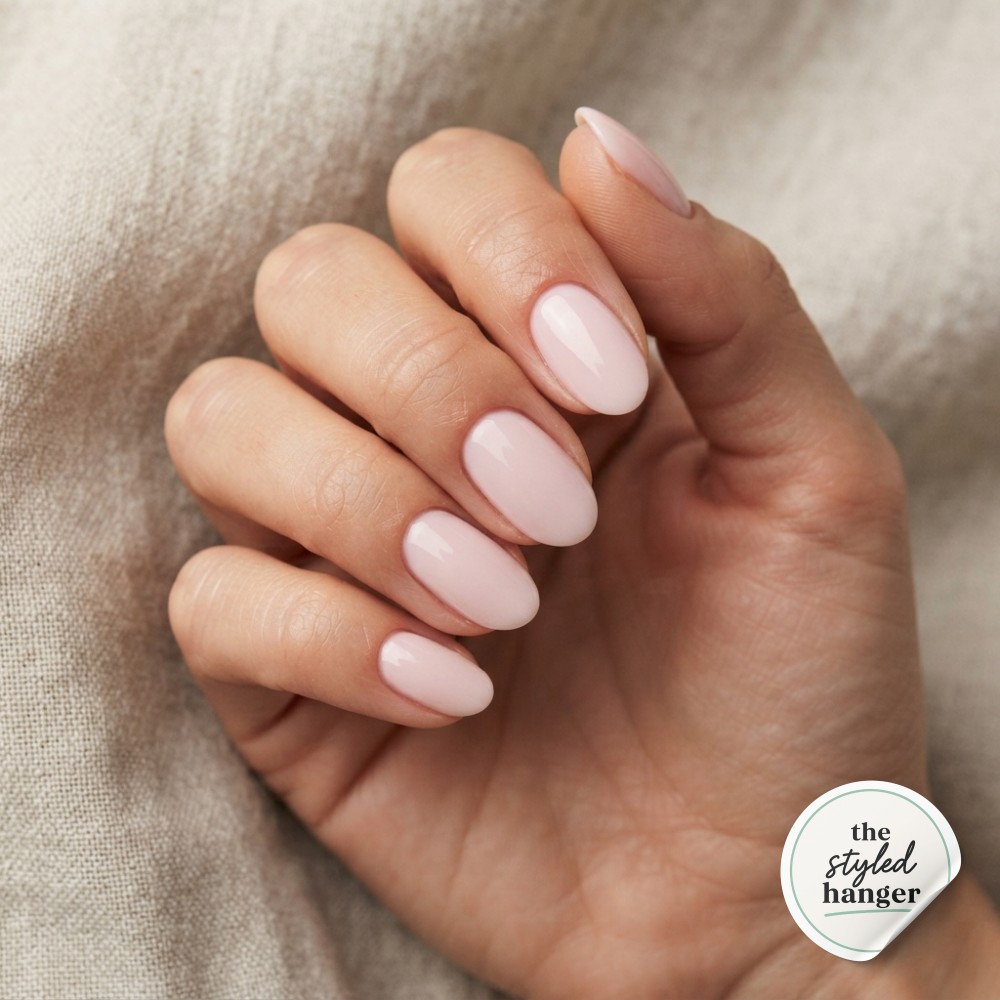 Bubblegum pink short almond nails feature tiny hand-painted white floral nail art accents.