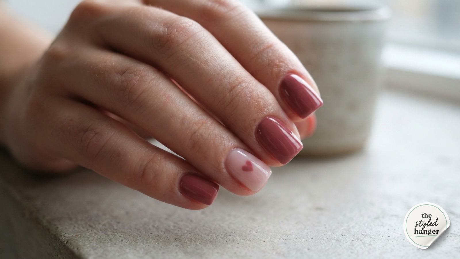 Pastel pink short squoval nails shine with a glossy top coat beside a single pink rose.