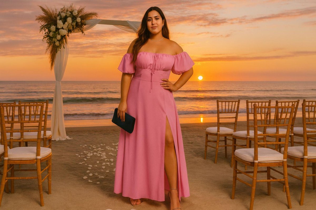 Plus size beach wedding guest outfit