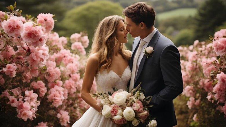 Romantic couple surrounded by flowers