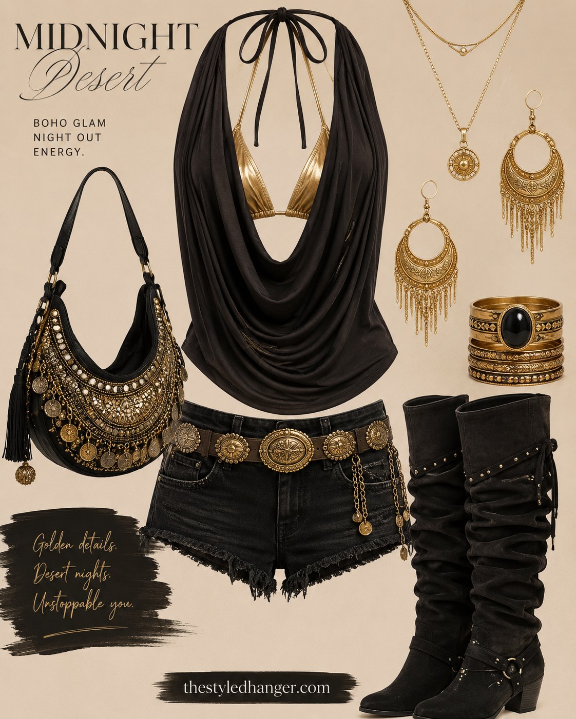 Gold bralette layered under a draped black top for a bold desert-glam rave outfit