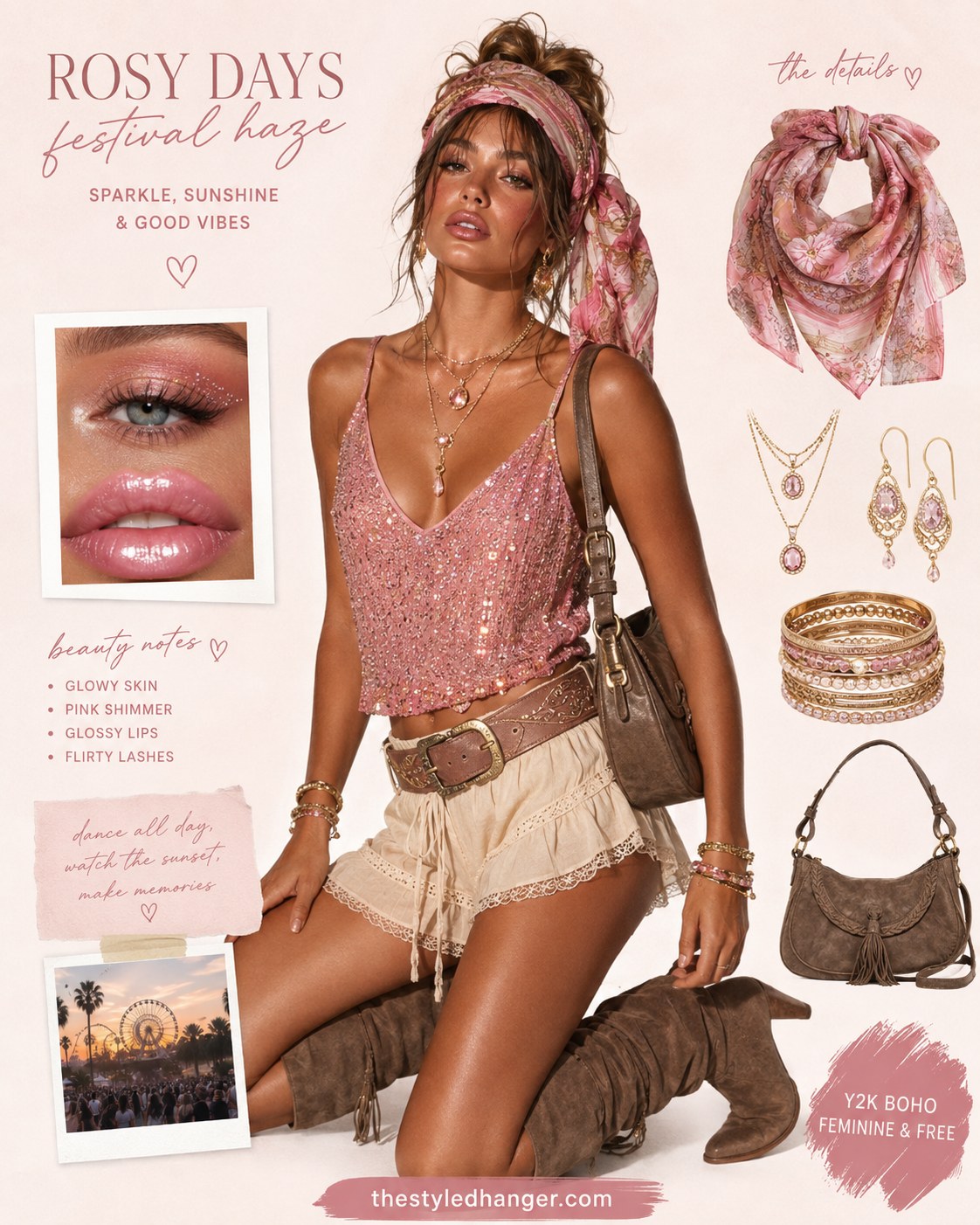Pink sequin tank paired with crochet shorts for a Y2K boho rave outfit at golden hour