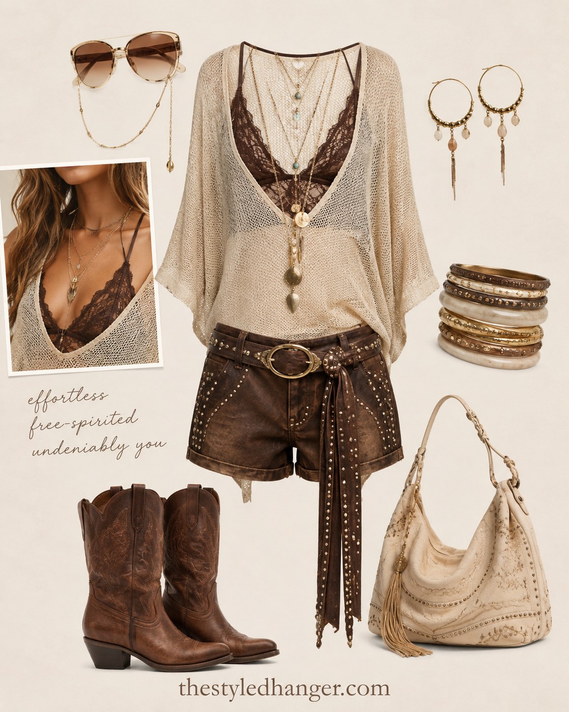 Cream crochet top over a lace bralette styled with cowboy boots for an effortless rave outfit