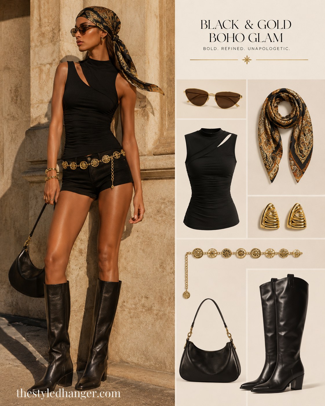 Black and gold rave outfit idea with a cutout tank, chain belt, and knee-high boots