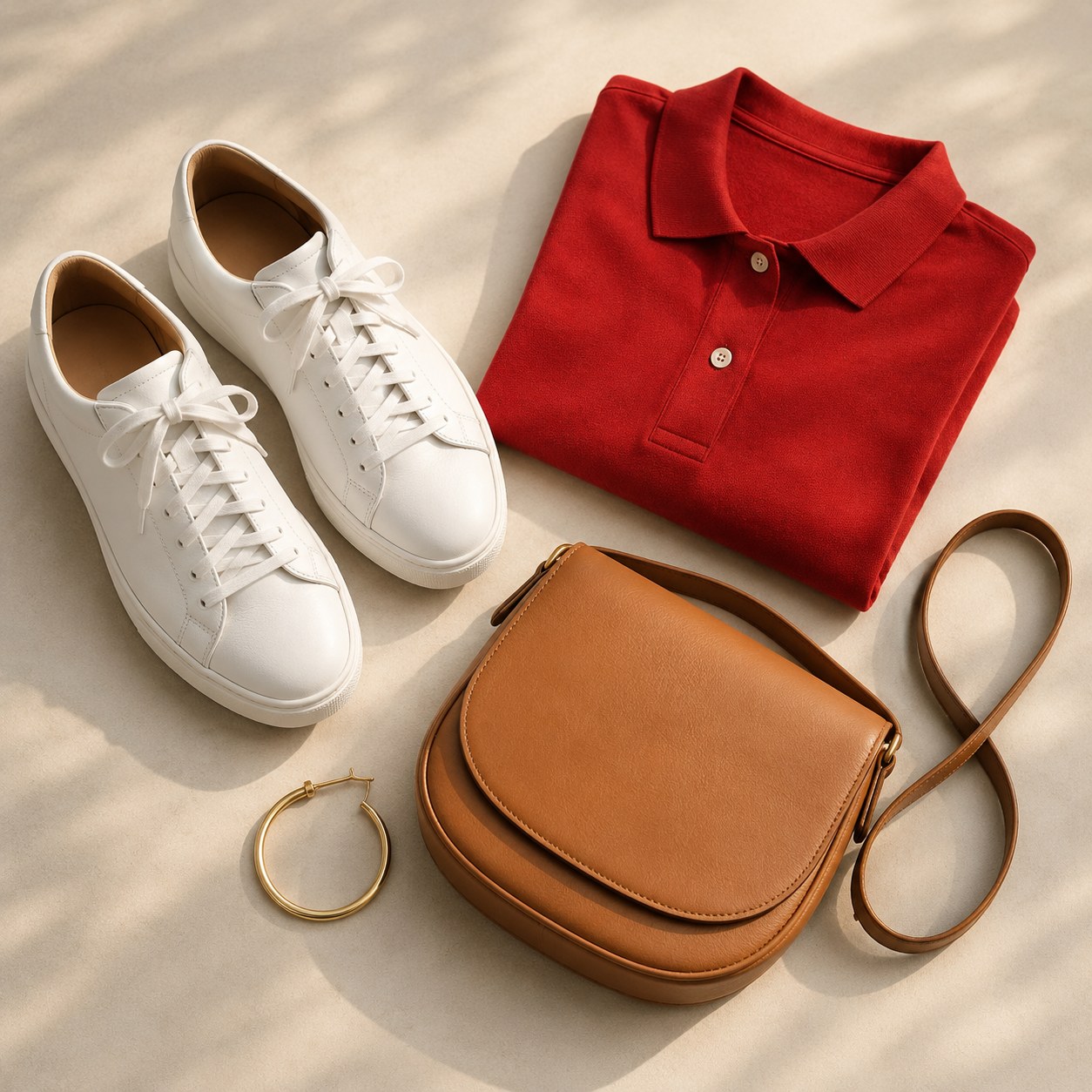 White sneakers and accessories styled with a red polo