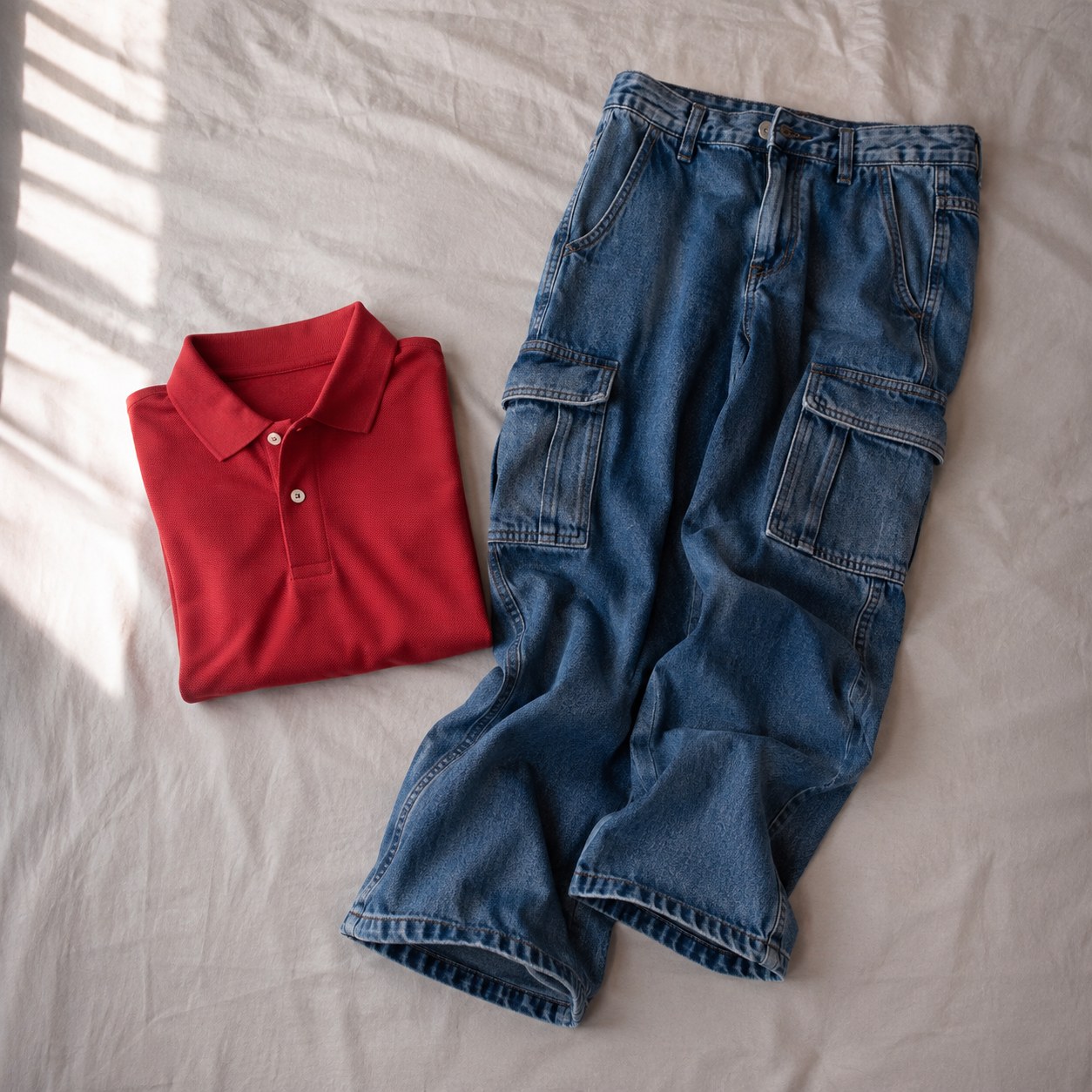 Folded red polo shirt beside wide-leg cargo jeans