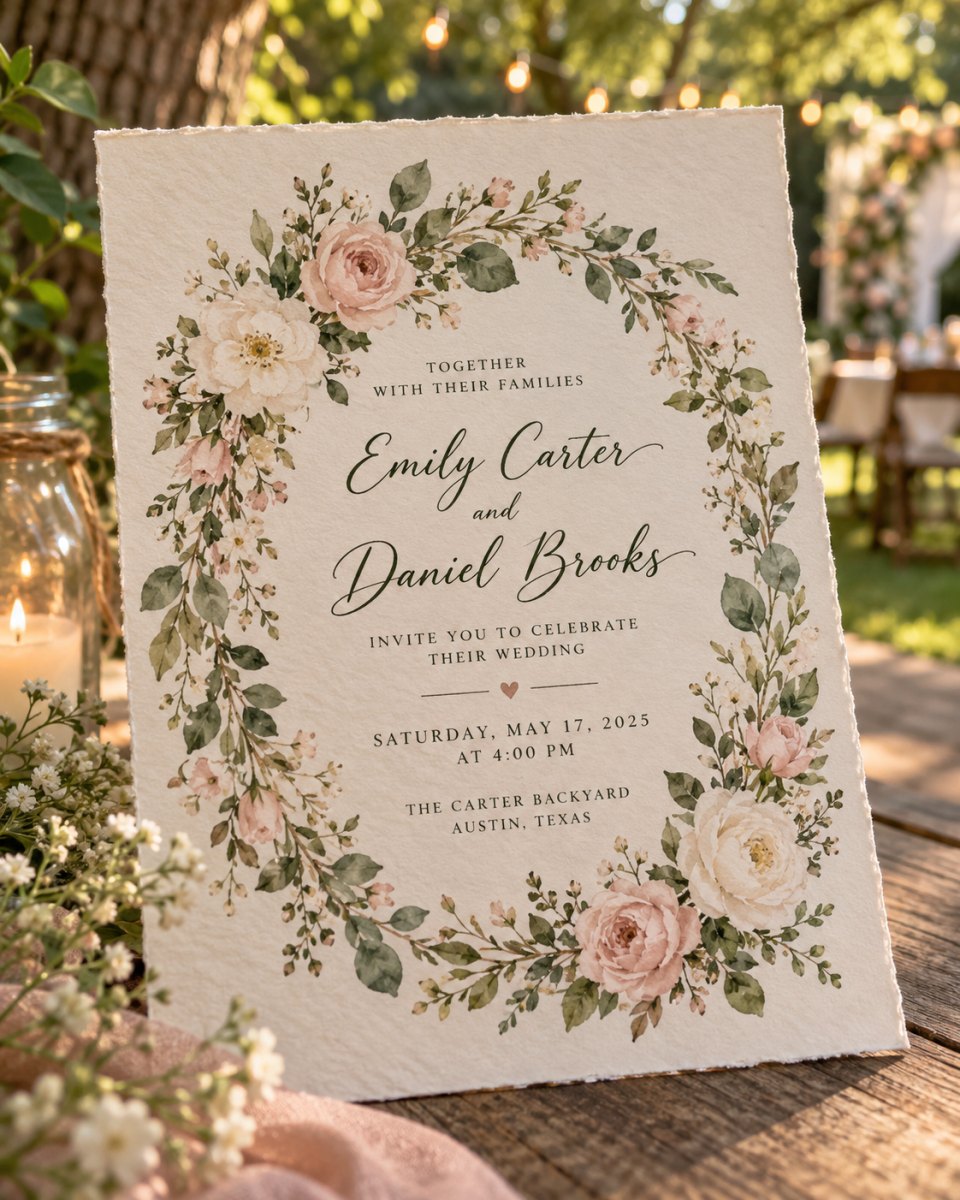 Romantic floral wreath invitation card
