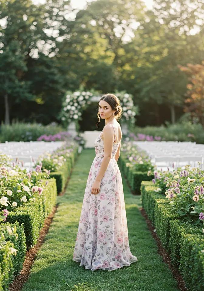 Pastel maxi dress at garden wedding