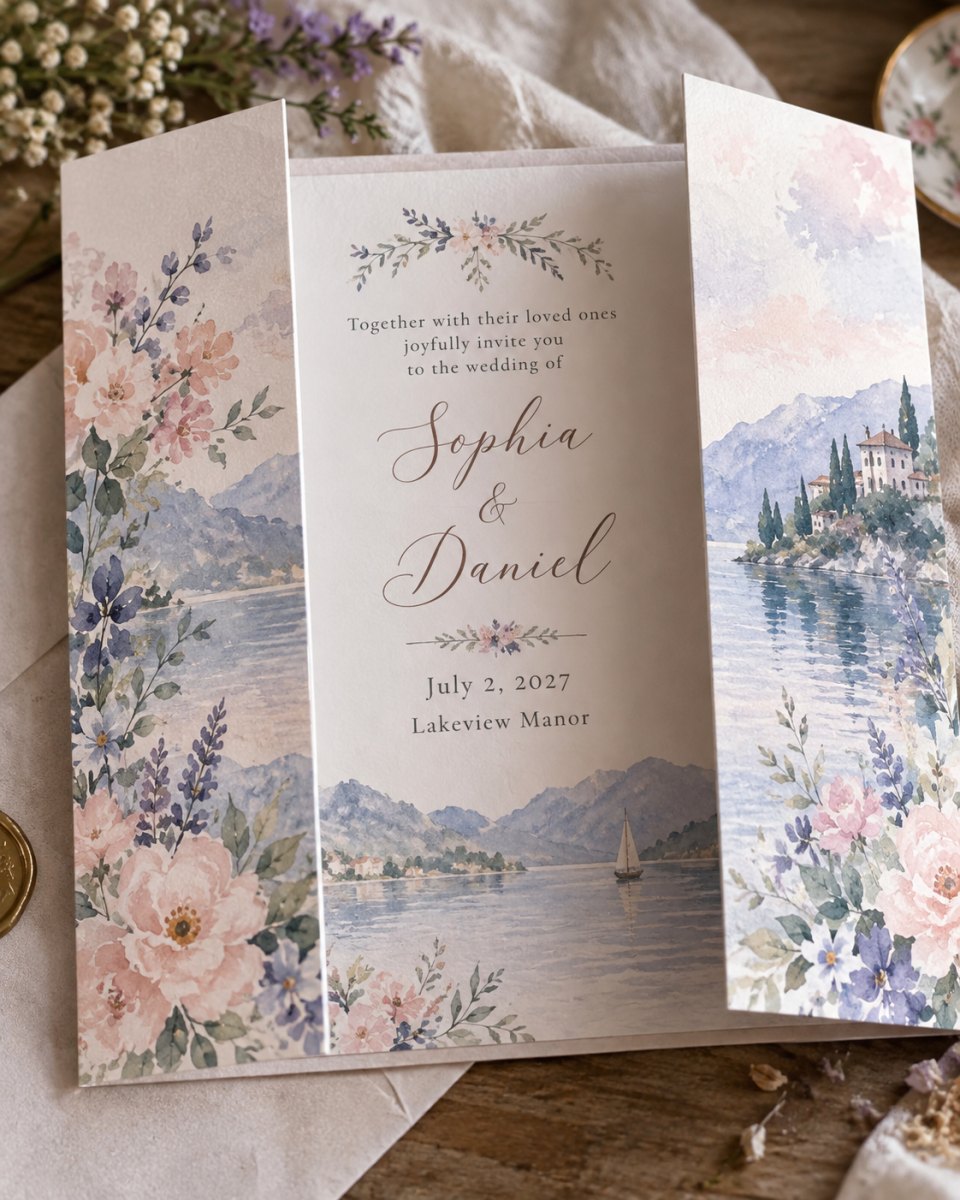Watercolor gatefold wedding invitation design