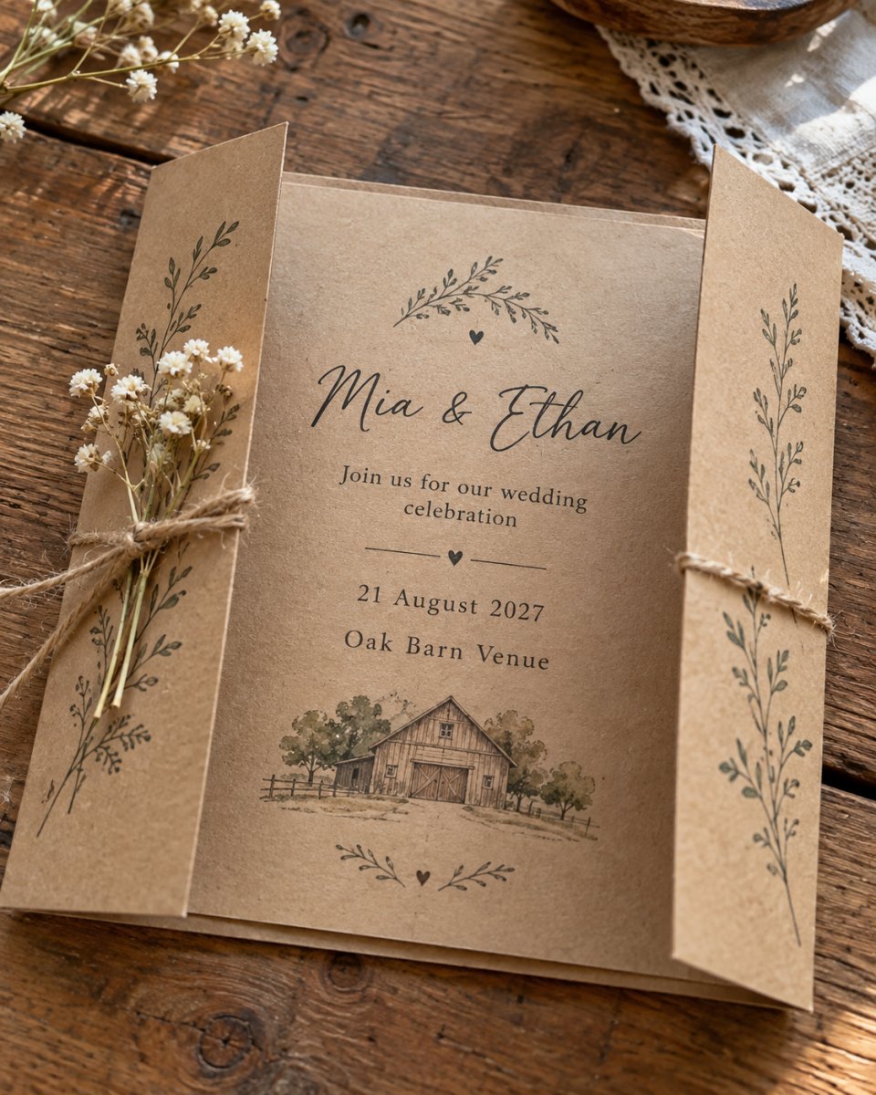 Rustic kraft paper gatefold wedding invite