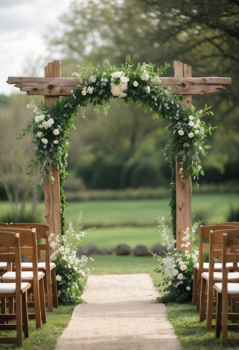 Rustic wedding ceremony arch with flowers
