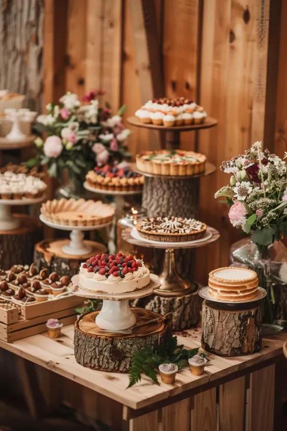 Rustic wedding dessert table with wood decor
