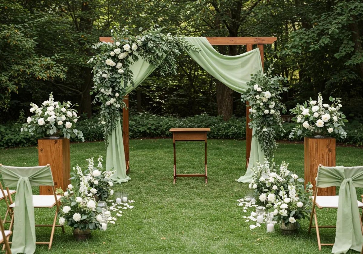 Sage green ivory outdoor wedding setup