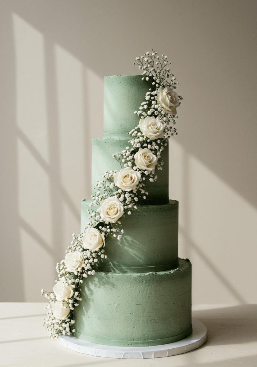 Sage green floral wedding cake design