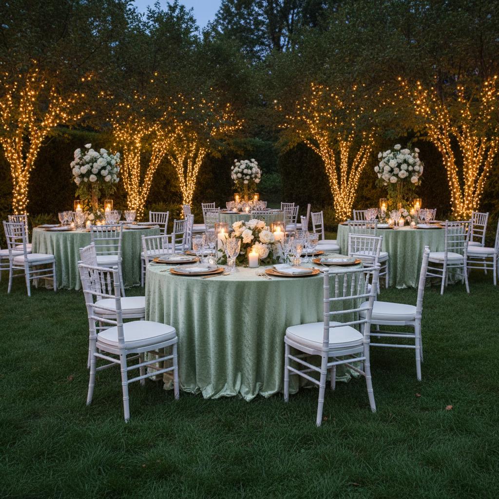 Sage green wedding reception lighting