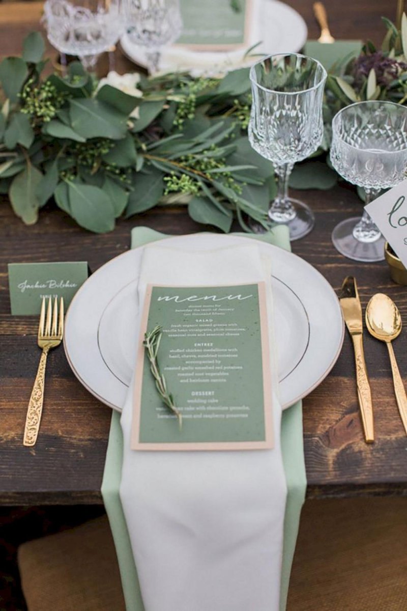 Sage green natural wedding table setting