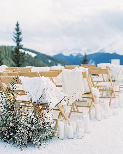 Winter wedding guest seating with blankets