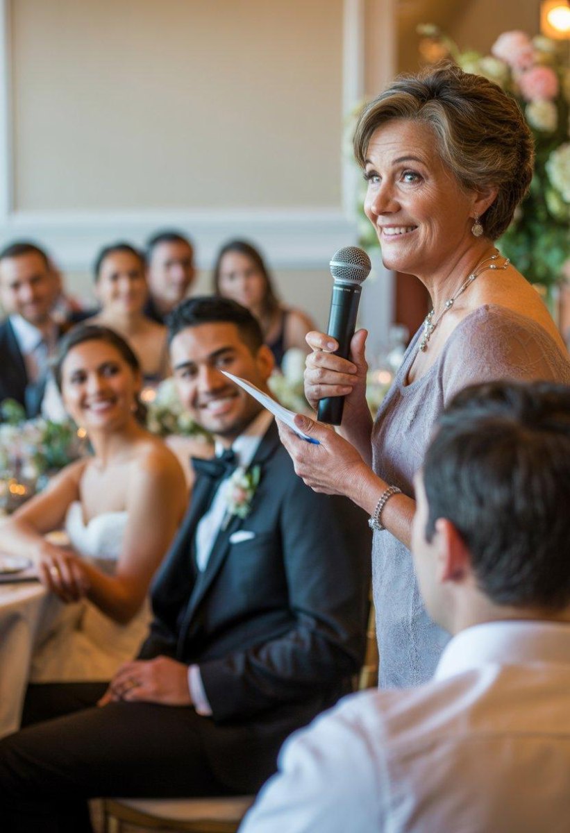 mother giving wedding toast at reception