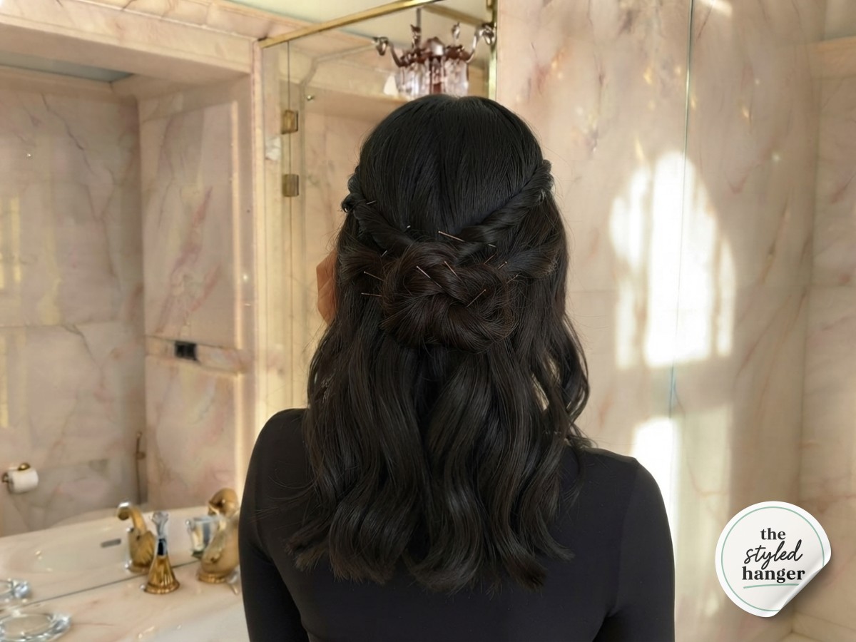 Loose lower hair tucked upward into a low knot beneath the twists for the short hair twisted updo.