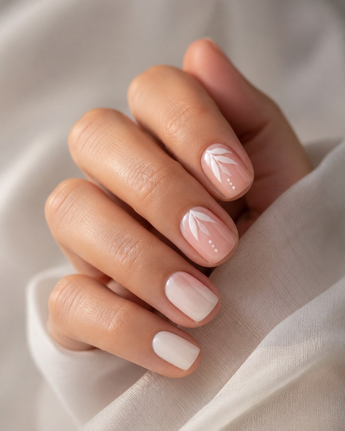 Minimalist nude manicure with white leaf line art on short natural nails