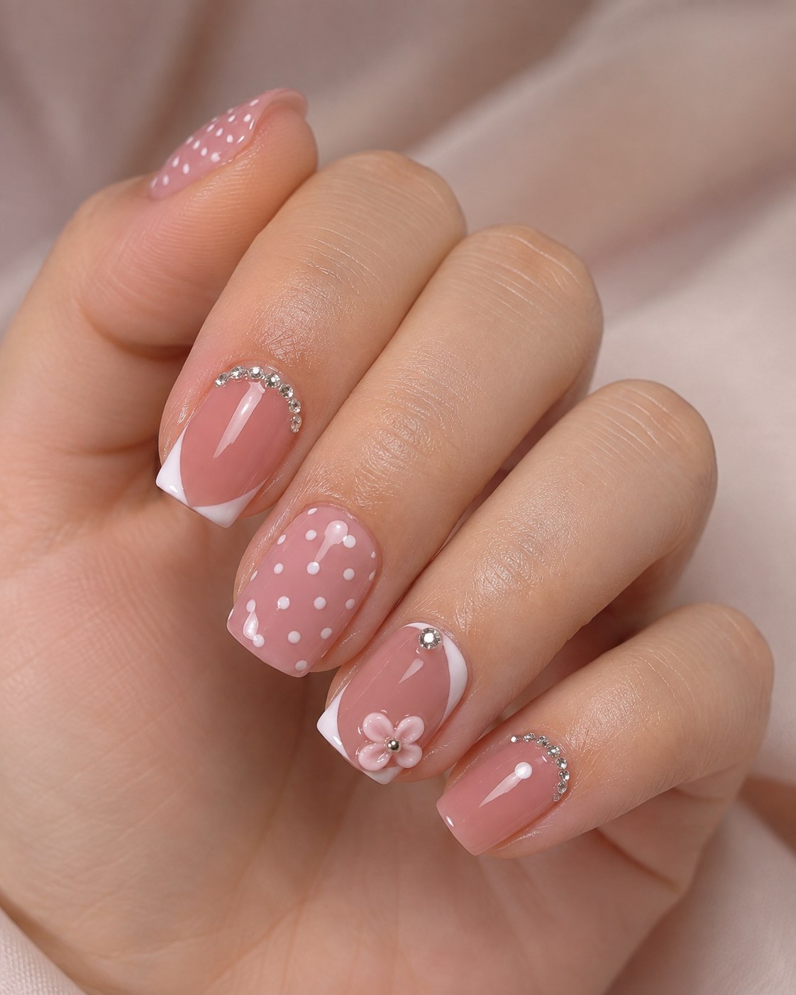 Romantic floral French manicure with rhinestone accent on short natural nails